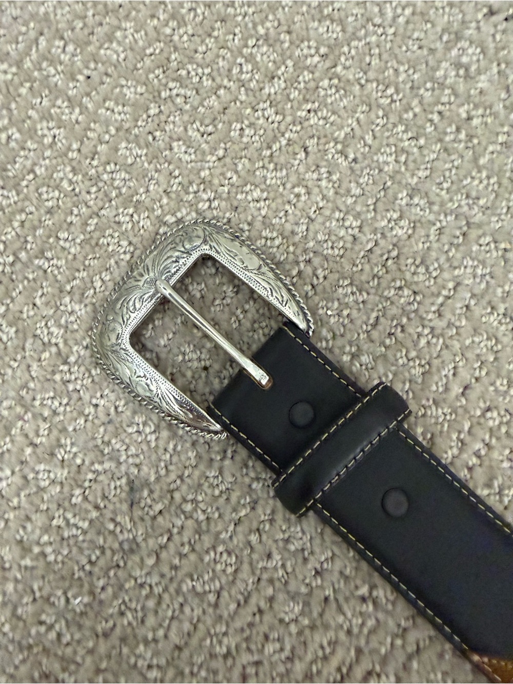 Tony Lama Black Leather Men’s Belt with Engraved Silver Buckle